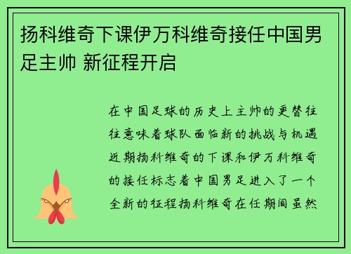 扬科维奇下课伊万科维奇接任中国男足主帅 新征程开启