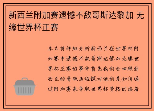 新西兰附加赛遗憾不敌哥斯达黎加 无缘世界杯正赛