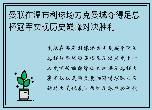 曼联在温布利球场力克曼城夺得足总杯冠军实现历史巅峰对决胜利